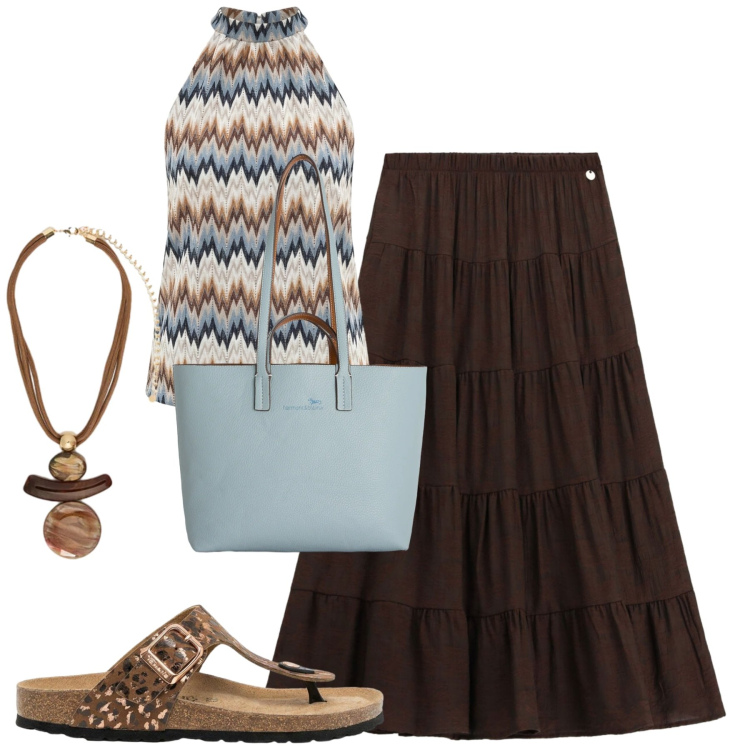 Outfit donna - Luglio. Stile Casual chic per Tutti i giorni. Abbinamento con infradito, shopping bag, canottiere, gonne lunghe, ciondoli.