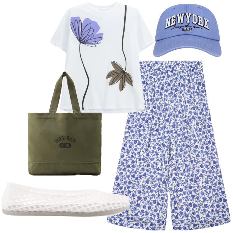 Outfit donna - Casual. Stile Casual per Tutti i giorni. Abbinamento con pantaloni a palazzo, cappelli, t-shirt, borse tote, ballerine.