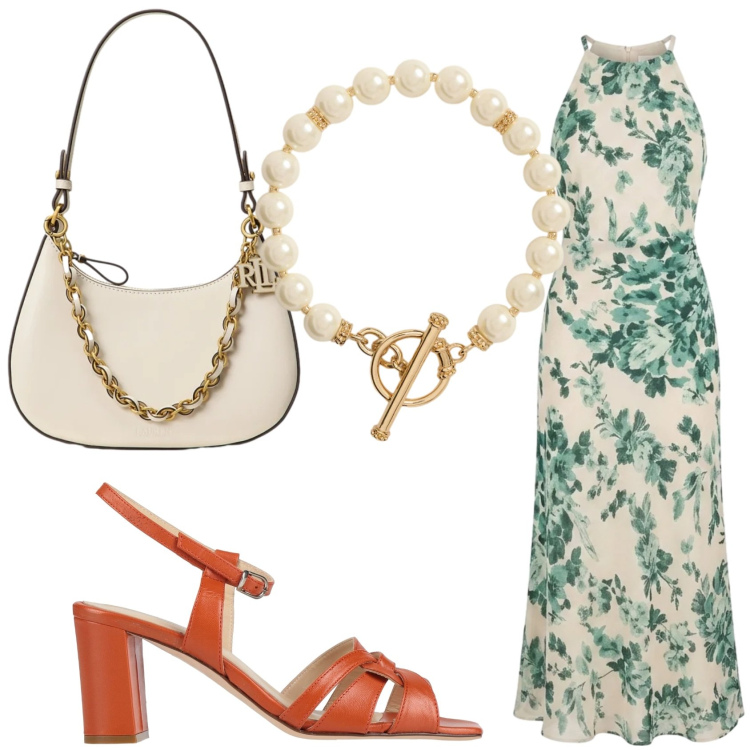 Outfit donna - Evento d\'estate. Stile Romantica per Cerimonia. Abbinamento con sandali in pelle, vestiti lunghi, collane, borse a spalla.