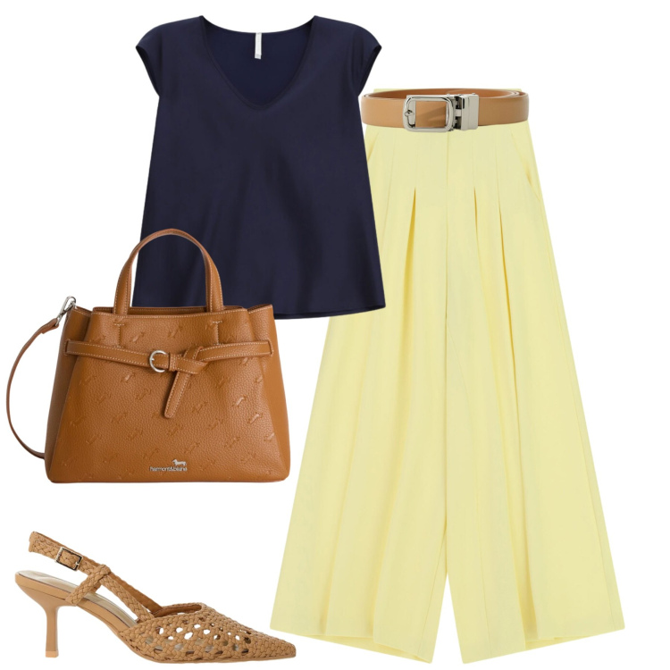 Outfit donna - Blu e giallo. Stile Casual chic per Tutti i giorni. Abbinamento con borse a mano, pantaloni a palazzo, cinture, décolleté, top.