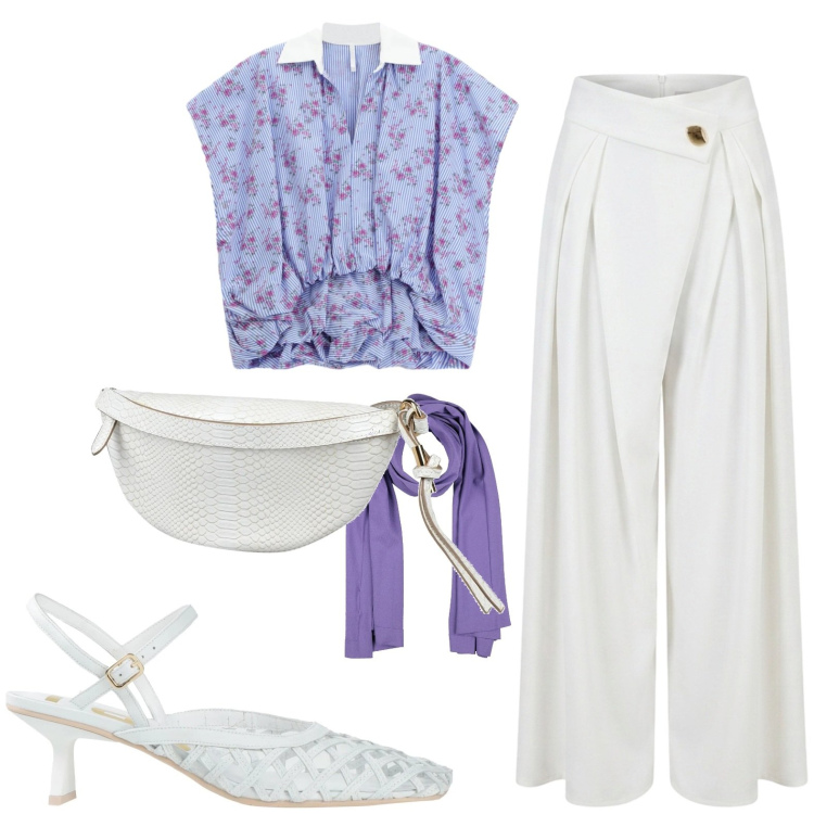 Outfit donna - Città. Stile Casual chic per Tutti i giorni. Abbinamento con décolleté, sciarpe, marsupi, pantaloni a palazzo, camicie a manica corta.