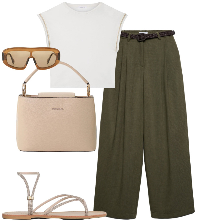 Outfit donna - Luglio. Stile Casual chic per Tutti i giorni. Abbinamento con pantaloni, t-shirt, sandali, borse a secchiello, occhiali da sole.