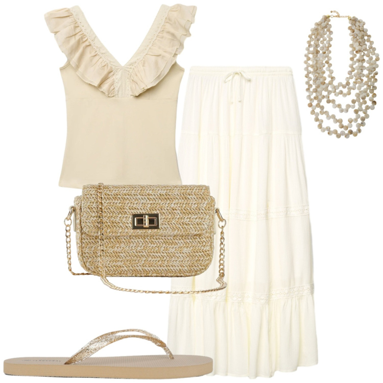 Outfit donna - Neutri. Stile Casual chic per Mare. Abbinamento con borse a tracolla, gonne lunghe, canottiere, infradito, collane.
