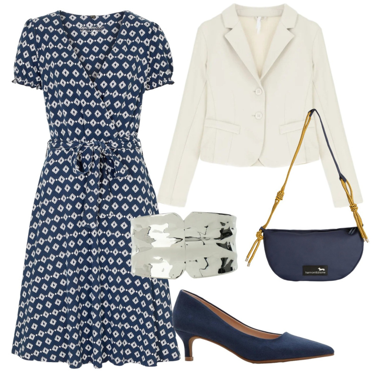 Outfit donna - Al lavoro. Stile Casual chic per Ufficio. Abbinamento con vestiti, décolleté, borse a tracolla, blazer, braccialetti.