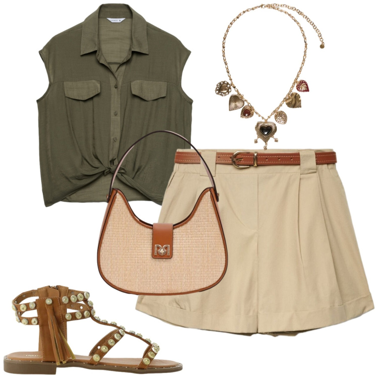 Outfit donna - Luglio. Stile Casual chic per Tutti i giorni. Abbinamento con camicie a manica corta, shorts, borse a spalla, sandali, collane.