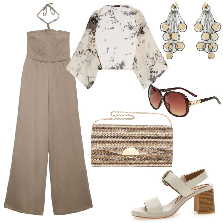 Outfit donna - Sabbia d\'estate. Stile Glamour per Tutti i giorni. Abbinamento con occhiali da sole, tute, orecchini, bolero, sandali col tacco, clutch.