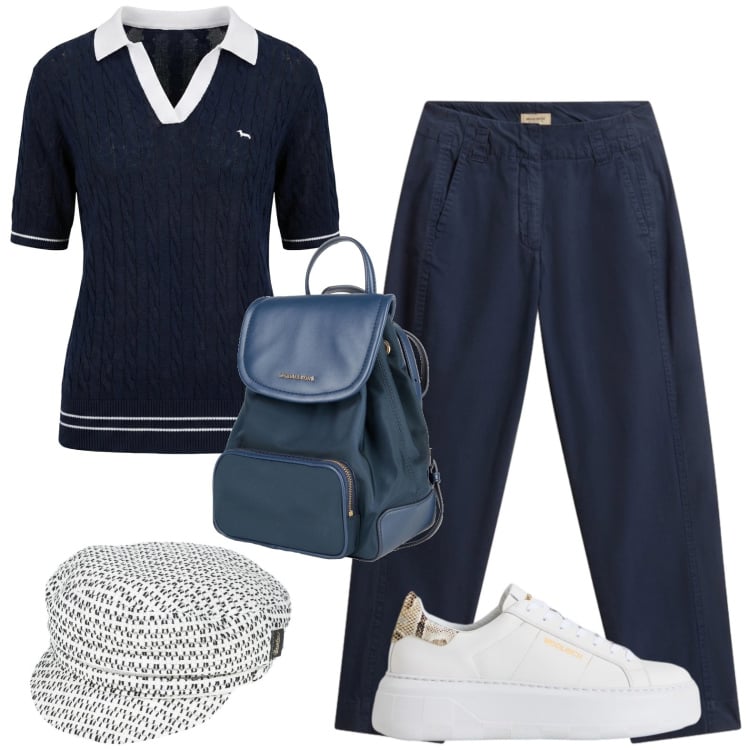 Outfit donna - Sportiva. Stile Casual per Tutti i giorni. Abbinamento con cappelli con visiera, zaini, polo, pantaloni, sneakers.