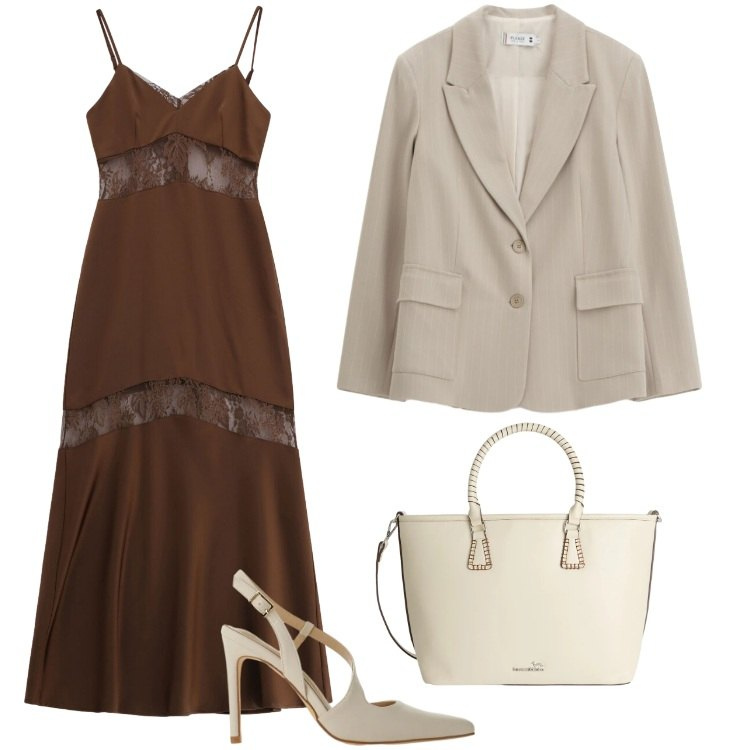 Outfit donna - Total look #2432916. Stile Casual chic per Cerimonia. Abbinamento con vestiti lunghi, décolleté, blazer, shopping bag.