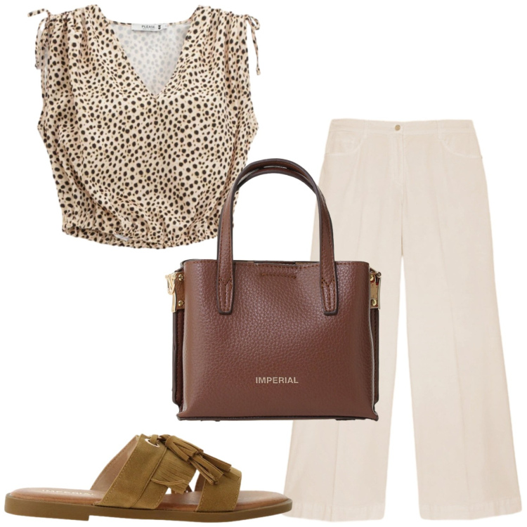 Outfit donna - Total look #2432919. Stile Casual chic per Tutti i giorni. Abbinamento con pantaloni a palazzo, top, borse a tracolla, sandali.