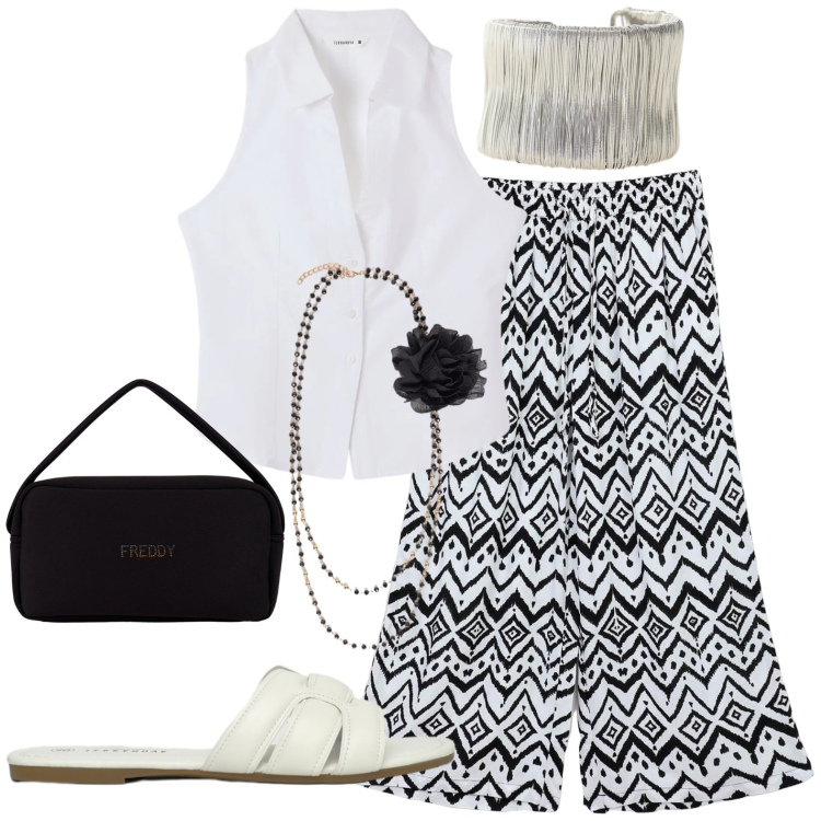 Outfit donna - Total look #2432923. Stile Casual per Tutti i giorni. Abbinamento con pantaloni a palazzo, top, ciabatte, braccialetti, collane, borse a mano.