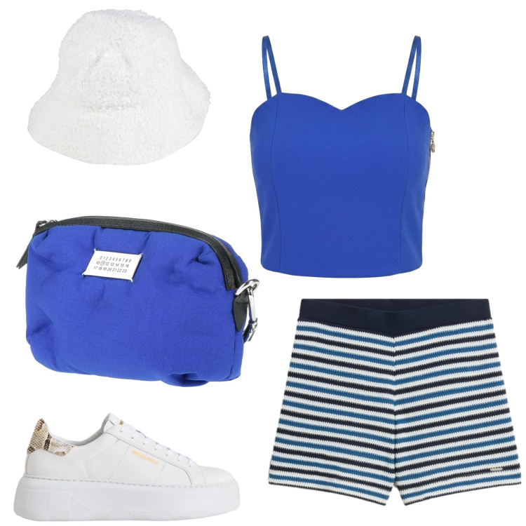 Outfit donna - Total look #2432925. Stile Sporty chic per Tutti i giorni. Abbinamento con cappelli, marsupi, top, sneakers, pantaloni corti.