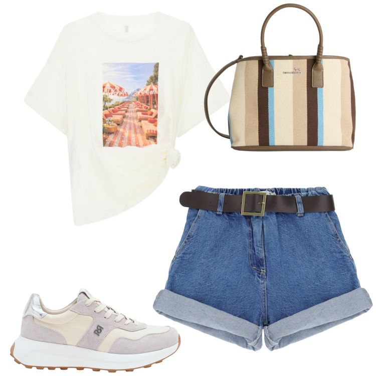 Outfit donna - City. Stile Casual per Tutti i giorni. Abbinamento con sneakers, t-shirt, shorts, shopping bag.