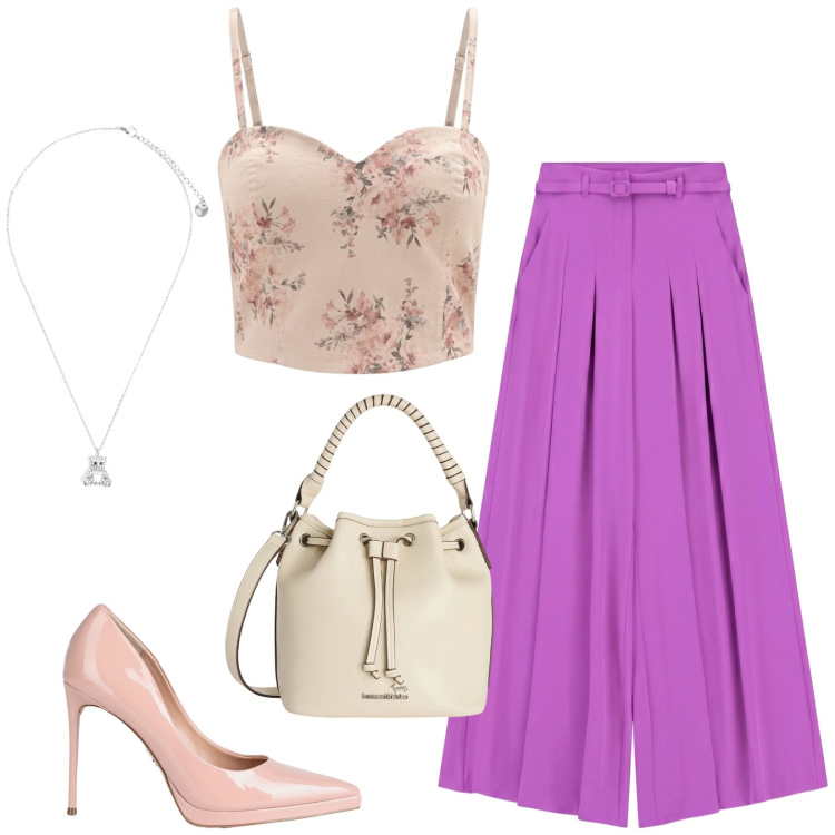 Outfit donna - Total look #2432927. Stile Glamour per Serata fuori. Abbinamento con décolleté, borse a secchiello, ciondoli, canottiere, pantaloni a palazzo.