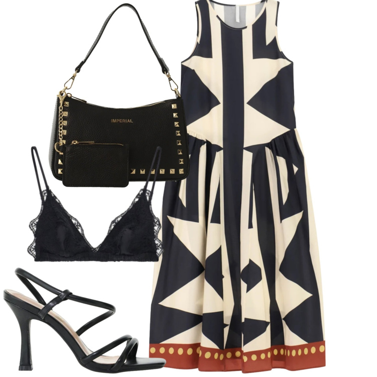 Outfit donna - Imperial. Stile Casual chic per Tutti i giorni. Abbinamento con vestiti midi/longuette, reggiseni, borse a spalla, sandali col tacco.