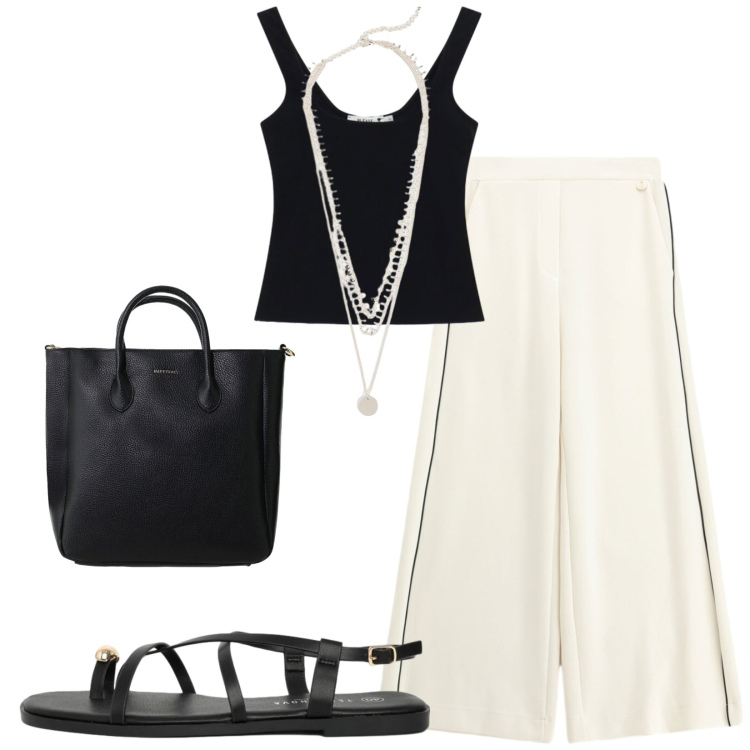 Outfit donna - Total look #2432932. Stile Casual chic per Tutti i giorni. Abbinamento con collane, sandali, top, pantaloni a palazzo, borse a tracolla.