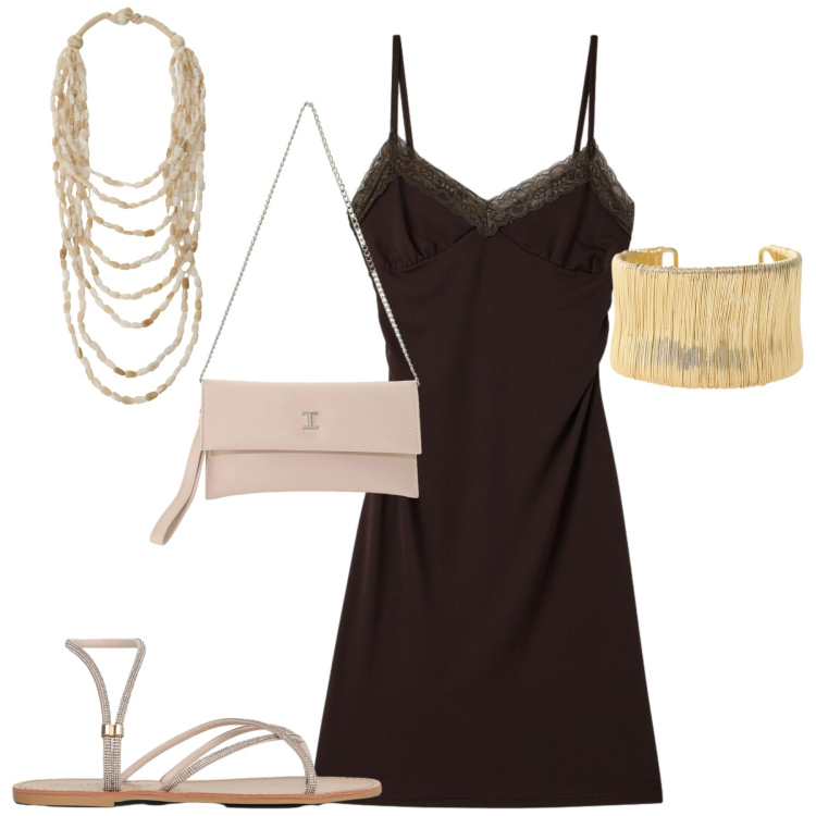 Outfit donna - Serata. Stile Trendy per Serata fuori. Abbinamento con sandali, vestiti a tubino, collane, braccialetti, borse a tracolla.