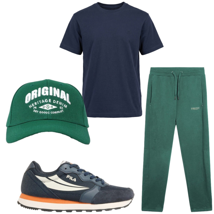 Outfit uomo - Total look #2432935. Stile Urban per Sport. Abbinamento con sneakers, t-shirt, cappelli con visiera, pantaloni.
