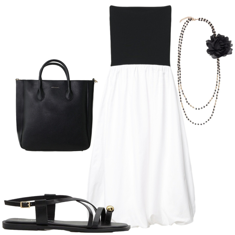 Outfit donna - Bianco e nero. Stile Casual chic per Tutti i giorni. Abbinamento con sandali, vestiti midi/longuette, collane, borse a tracolla.