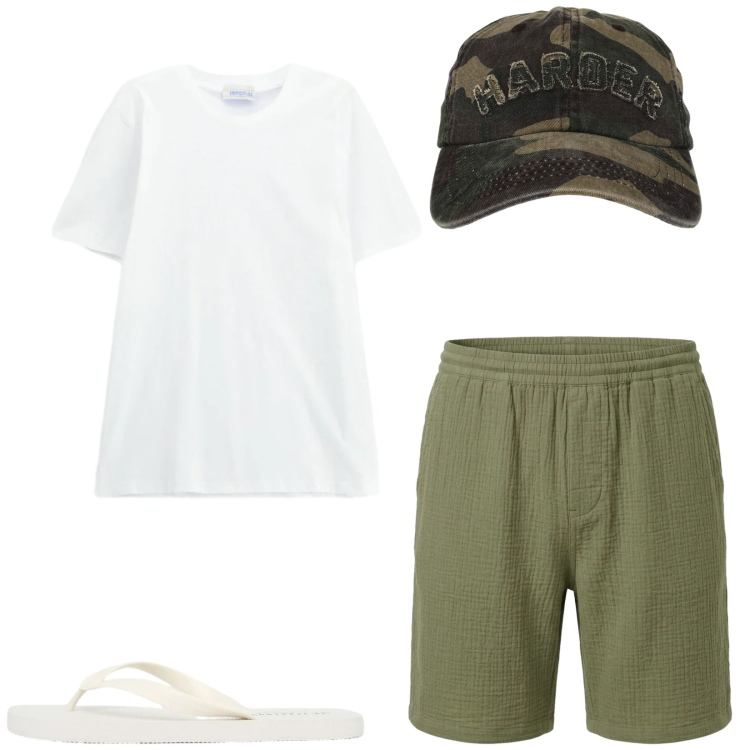 Outfit uomo - Total look #2432937. Stile Trendy per Mare. Abbinamento con cappelli con visiera, sandali, pantaloni corti, t-shirt.