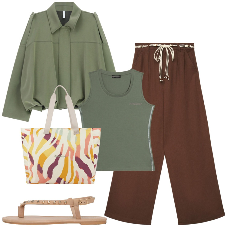 Outfit donna - Total look #2432938. Stile Casual per Tutti i giorni. Abbinamento con pantaloni, ciabatte, cappotti, shopping bag, canottiere.