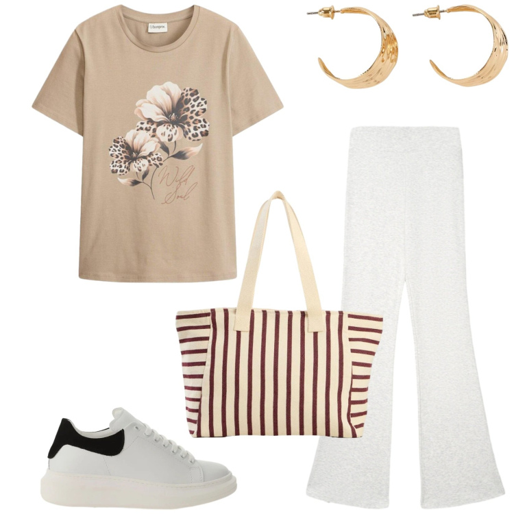 Outfit donna - Total look #2432939. Stile Casual per Tutti i giorni. Abbinamento con maglieria, orecchini, shopping bag, leggings, sneakers.