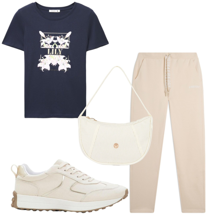 Outfit donna - Total look #2432940. Stile Sporty chic per Tutti i giorni. Abbinamento con sneakers, t-shirt, borse a mano, pantaloni.