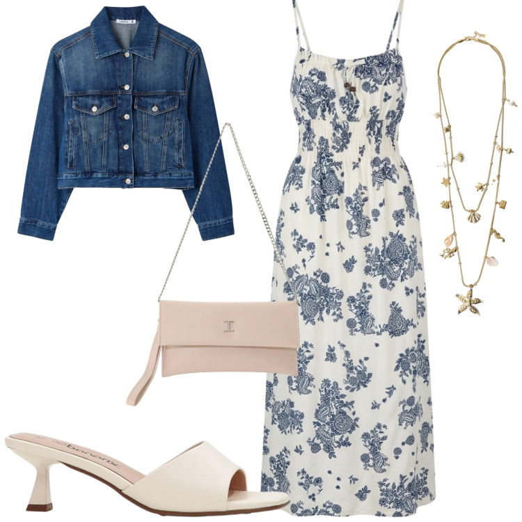 Outfit donna - Luglio. Stile Casual chic per Tutti i giorni. Abbinamento con sandali, cappotti, vestiti lunghi, borse a tracolla, collane.