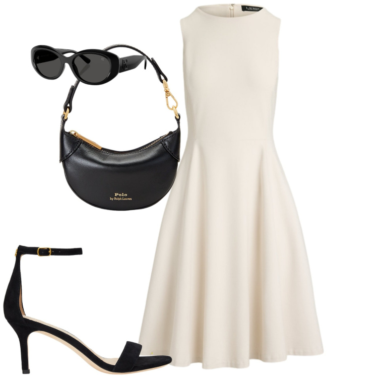 Outfit donna - Party. Stile Chic per Serata fuori. Abbinamento con portafogli, occhiali da sole, sandali in pelle, vestiti corti.