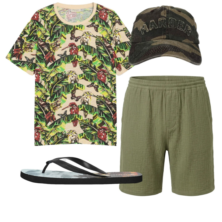 Outfit uomo - Total look #2432960. Stile Casual per Tutti i giorni. Abbinamento con t-shirt, sandali, cappelli con visiera, pantaloni corti.