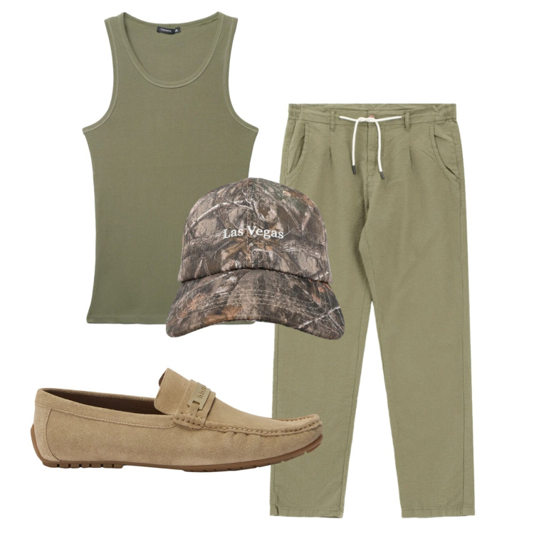 Outfit uomo - Total look #2432963. Stile Trendy per Serata speciale. Abbinamento con scarpe stringate, canottiere, cappelli con visiera, pantaloni.