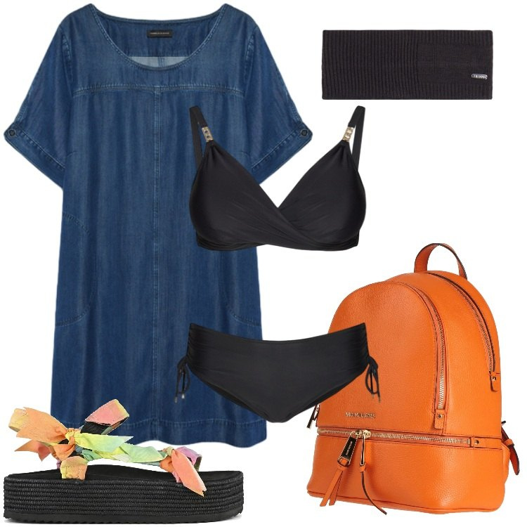 Outfit donna - Total look #2432971. Stile Trendy per Mare. Abbinamento con zaini, bikini, vestiti corti, accessori per capelli, sandali.