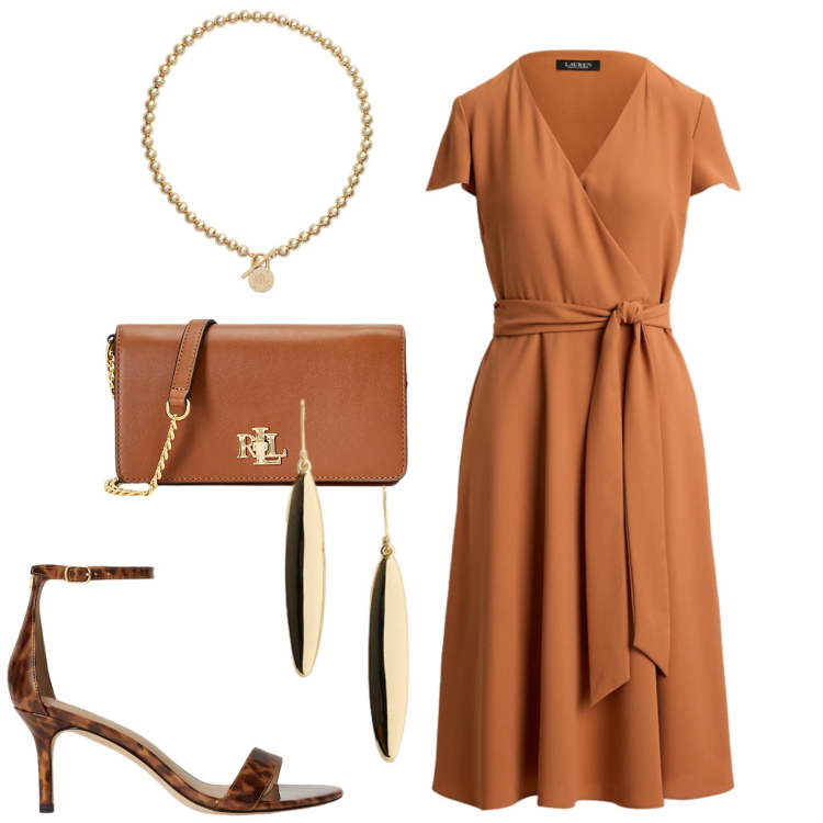Outfit donna - Ralph Lauren. Stile Chic per Tutti i giorni. Abbinamento con sandali in pelle, vestiti, collane, borse a mano, orecchini.