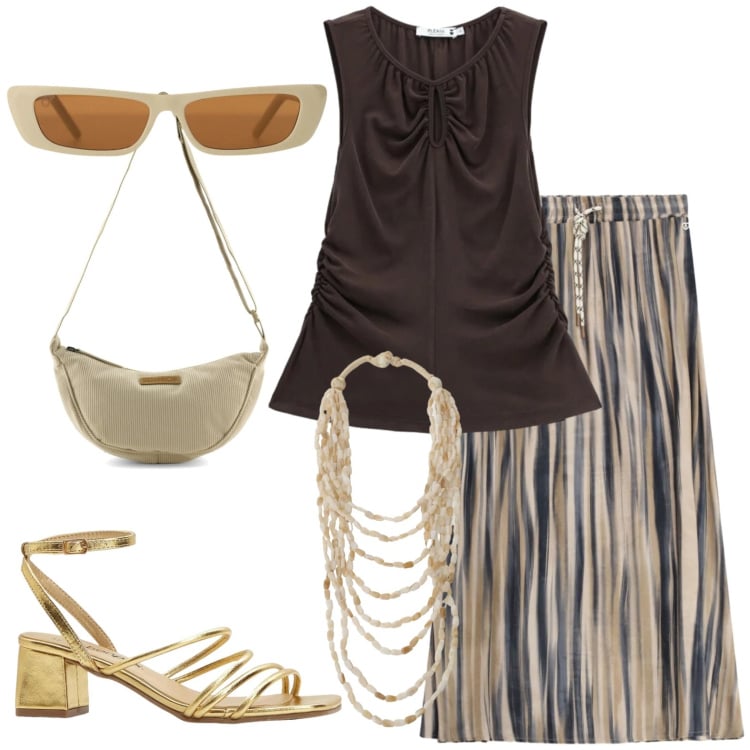 Outfit donna - Total look #2432978. Stile Casual chic per Serata fuori. Abbinamento con sandali col tacco, top, gonne lunghe, collane, occhiali da sole, borse a tracolla.