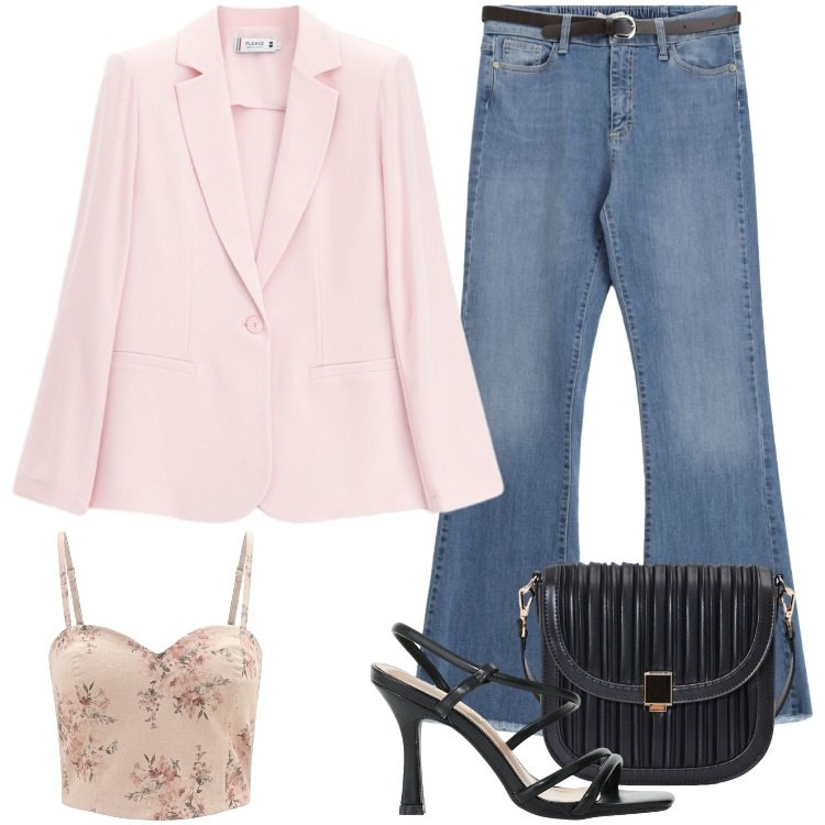 Outfit donna - Total look #2432980. Stile Trendy per Tutti i giorni. Abbinamento con sandali col tacco, canottiere, borse a tracolla, jeans, blazer.