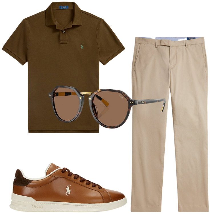 Outfit uomo - Total look #2432982. Stile Casual per Ufficio. Abbinamento con occhiali da sole, sneakers, polo, pantaloni chino.