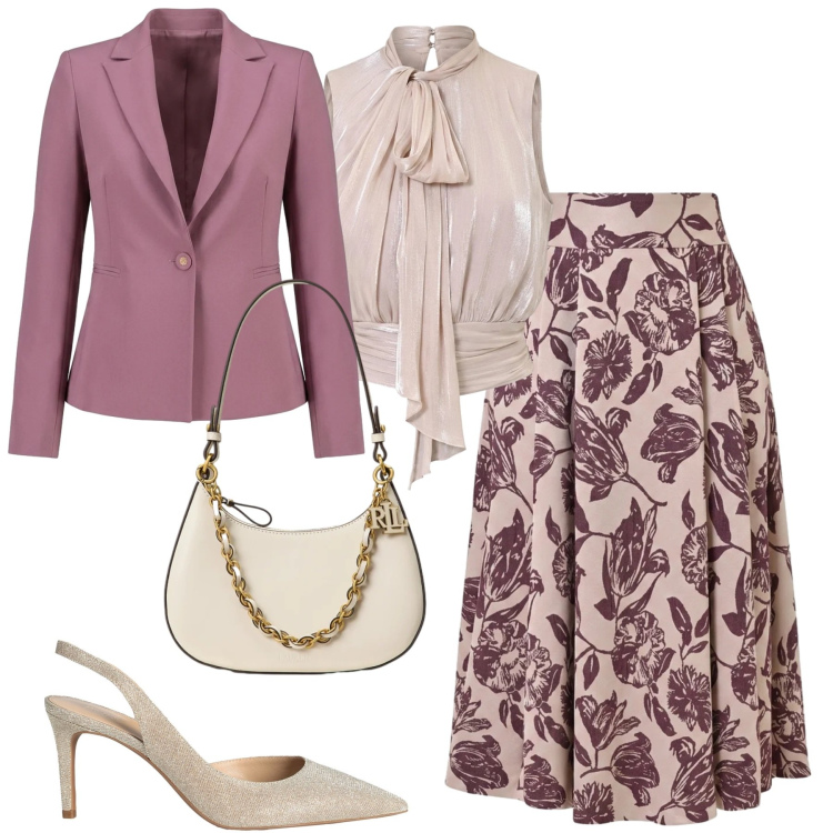 Outfit donna - Occasione speciale. Stile Chic per Cerimonia. Abbinamento con décolleté, borse a spalla, gonne longuette, top, blazer.