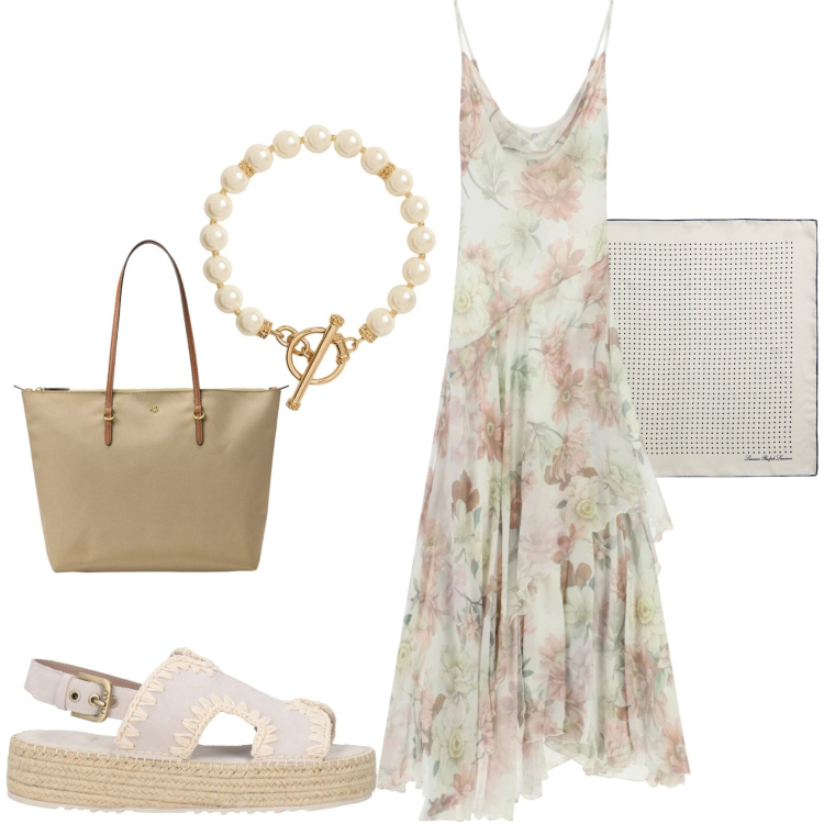Outfit donna - Total look #2432985. Stile Glamour per Tutti i giorni. Abbinamento con espadrillas, vestiti lunghi, foulard, collane, borse tote.