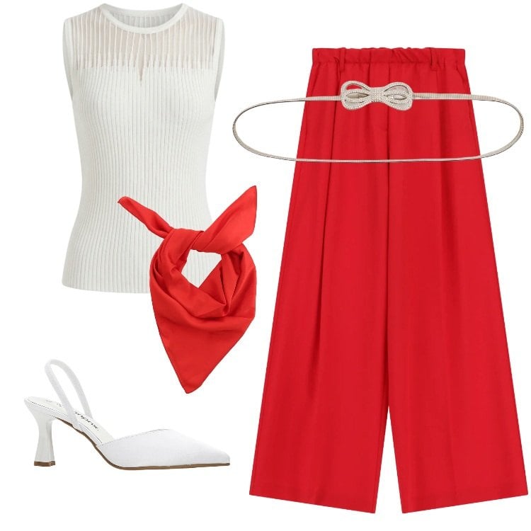 Outfit donna - Total look #2432986. Stile Casual chic per Tutti i giorni. Abbinamento con décolleté, cinture, foulard, canottiere, pantaloni a palazzo.