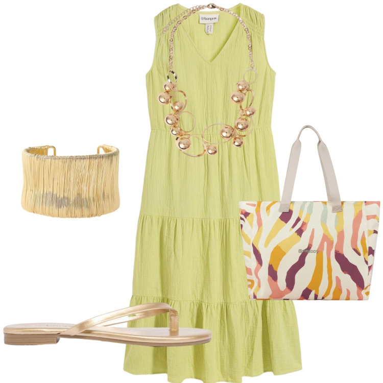 Outfit donna - Mare. Stile Casual per Mare. Abbinamento con vestiti, sandali, braccialetti, collane, shopping bag.