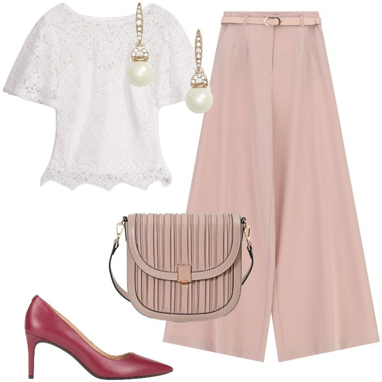 Outfit donna - Total look #2432990. Stile Chic per Ufficio. Abbinamento con décolleté, t-shirt, borse a tracolla, pantaloni a palazzo, orecchini.
