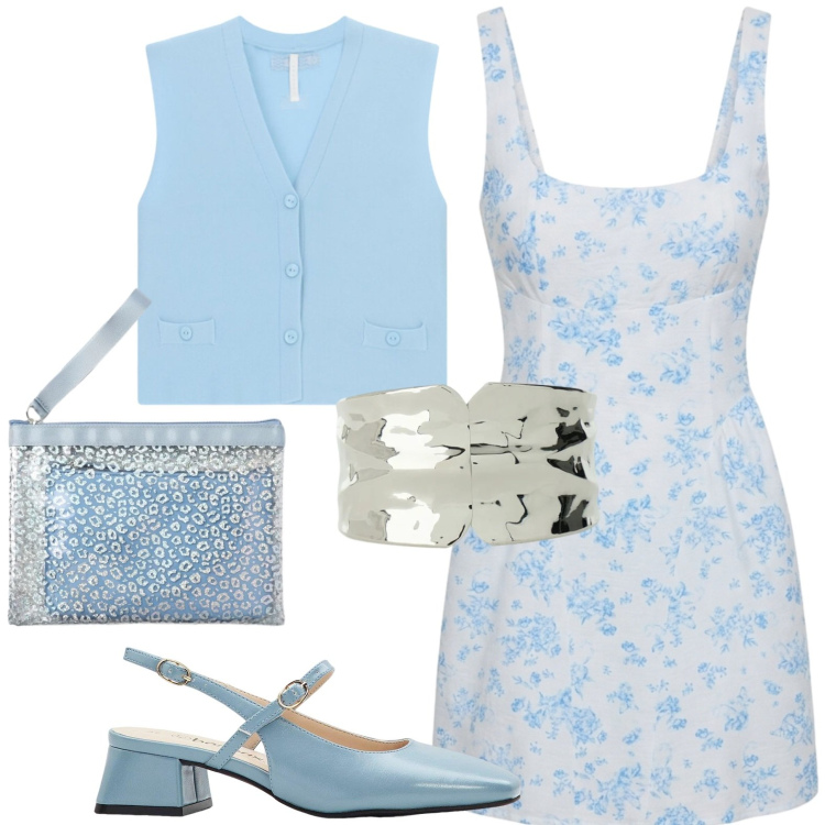 Outfit donna - Azzurro. Stile Casual per Tutti i giorni. Abbinamento con décolleté, vestiti corti, pochette, maglieria, braccialetti.