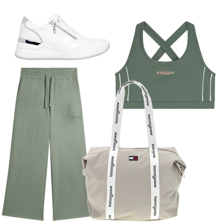 Outfit donna - Sporty summer mood. Stile Sporty chic per Sport. Abbinamento con pantaloni, top, shopping bag, sneakers alte.