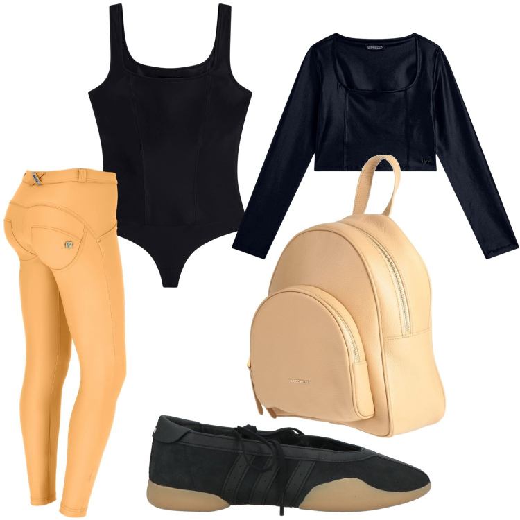 Outfit donna - Sporty summer mood. Stile Sporty chic per Sport. Abbinamento con ballerine, zaini, pantaloni skinny, maglieria, top.