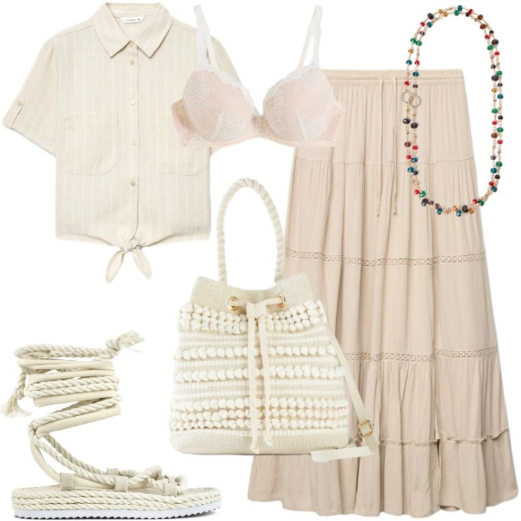 Outfit donna - Nature tone outfit ideas. Stile Boho per Tutti i giorni. Abbinamento con borse a secchiello, reggiseni, camicie a manica corta, gonne lunghe, collane, sandali.
