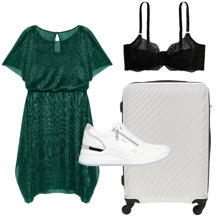 Outfit donna - Fiorella Rubino - Colorful Summer. Stile Bon Ton per Tutti i giorni. Abbinamento con vestiti asimmetrici, reggiseni, sneakers alte, valigie.