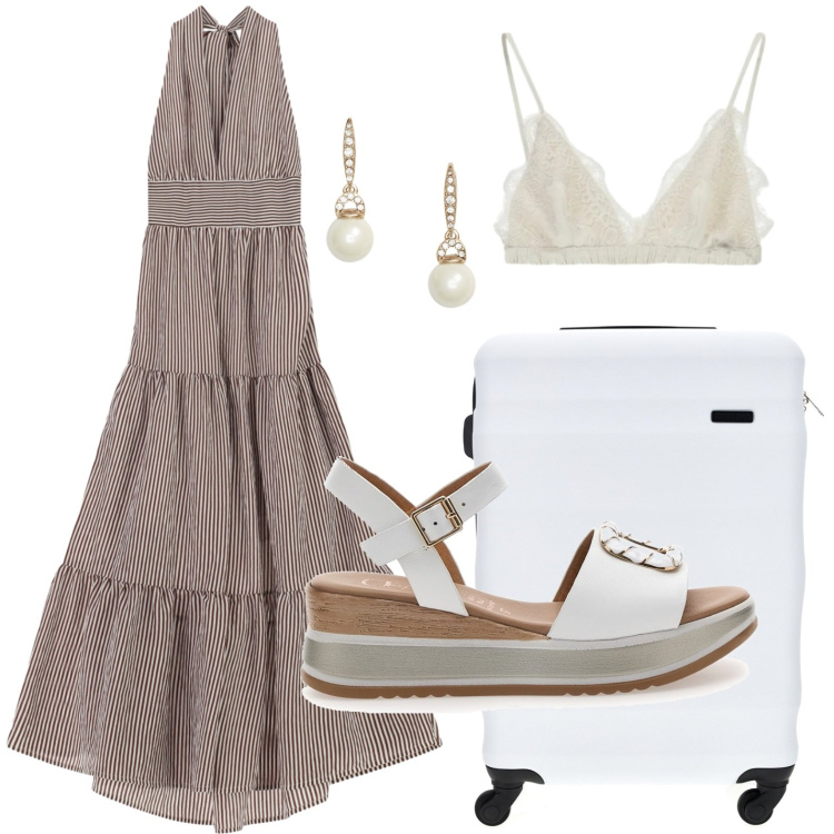 Outfit donna - Please - Summer Freedom. Stile Casual per Tutti i giorni. Abbinamento con reggiseni, vestiti lunghi, orecchini, sandali, valigie.