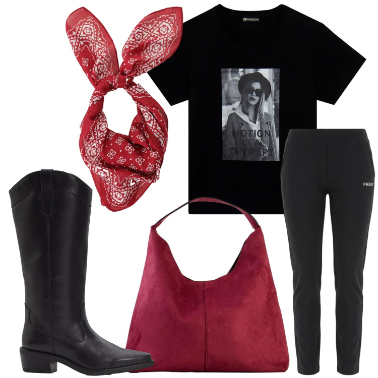 Outfit donna - Fascino urbano. Stile Rock per Serata fuori. Abbinamento con stivali, borse a spalla, foulard, t-shirt, pantaloni.