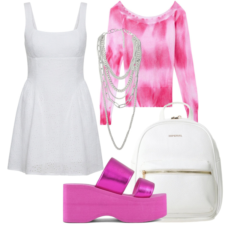 Outfit donna - Proporzioni armoniose. Stile Casual per Tutti i giorni. Abbinamento con vestiti corti, maglieria, zaini, collane, zeppe.