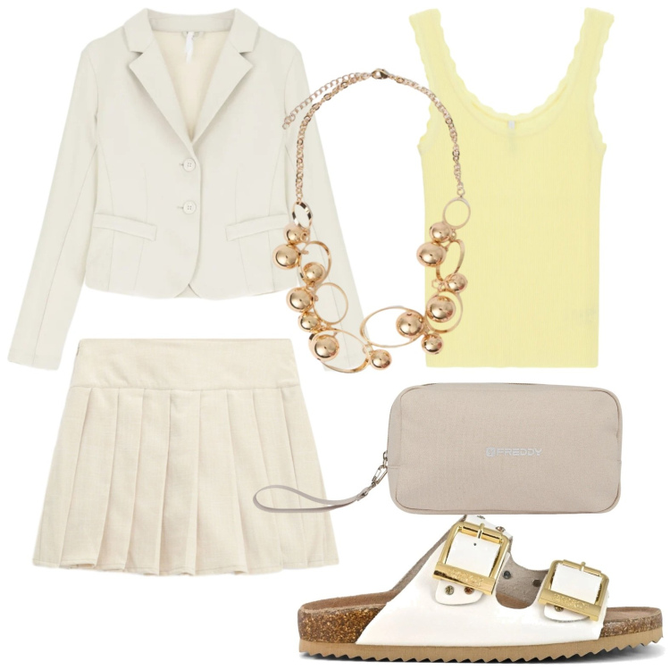 Outfit donna - Eleganza ricercata. Stile Casual per Tutti i giorni. Abbinamento con blazer, minigonne, canottiere, collane, valigie, sandali.