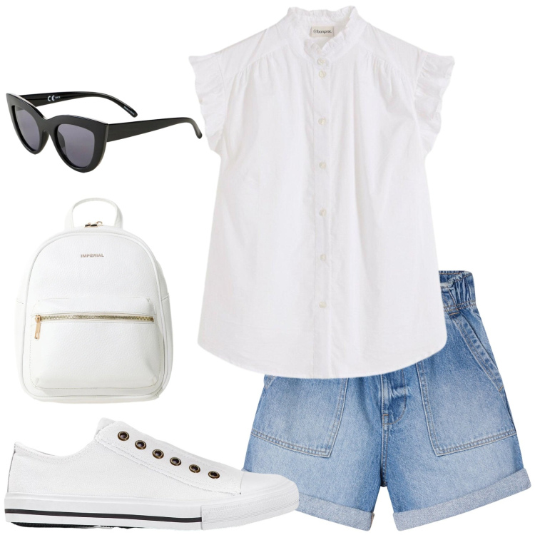 Outfit donna - Freschezza Urbana con un Tocco Rétro. Stile Casual per Tutti i giorni. Abbinamento con sneakers, bluse, occhiali da sole, shorts, zaini, collane.